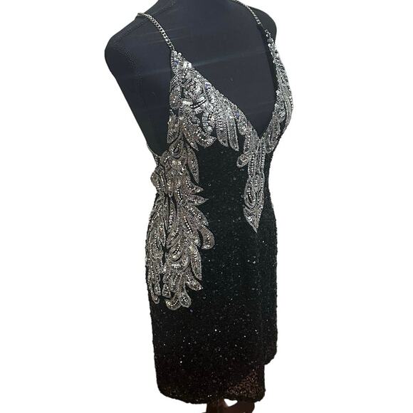 NWT Enchanted Black & Silver Sequin Beaded Chain Straps Backless mini Dress SZ 6 - Picture 11 of 16